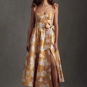 V. Chapman Vera Ruffle-Strap Corset Side-Slit Midi Dress